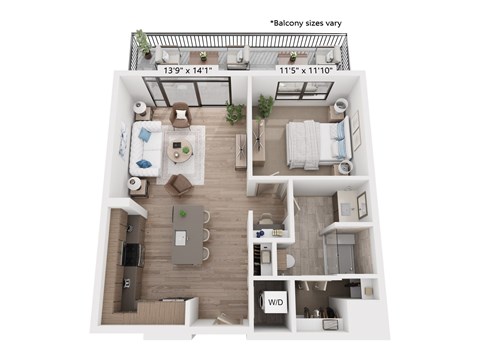 Floor plan for 1 bed, 1 bath, 766 sqft